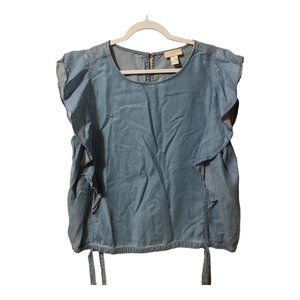 ANN TAYLOR LOFT RUFFLE SLEEVE CHAMBRAY TOP SIZE LARGE